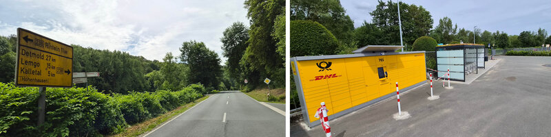 Ansicht DHL Packstation und Straßenschild zwischen Rinteln und Hohenhausen Ansicht DHL Packstation und Straßenschild zwischen Rinteln und Hohenhausen